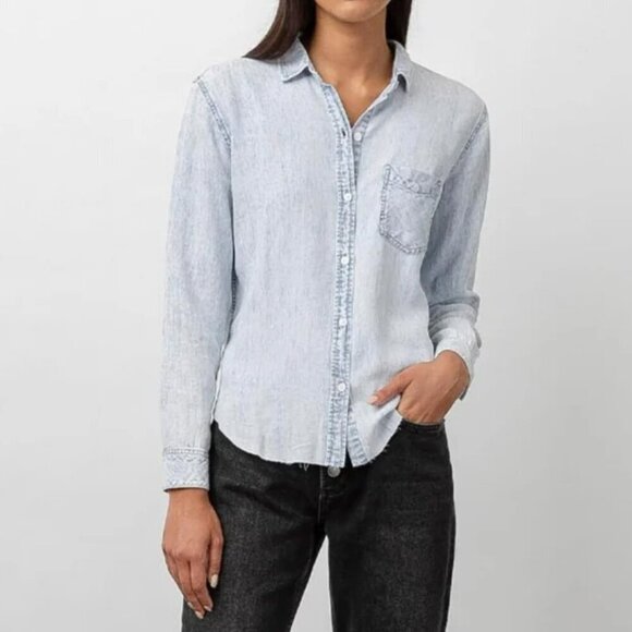 ✨ Rails Ingrid Raw Hem Shirt Button Down Lyocell Linen Blue Light Acid Wash - Picture 1 of 11